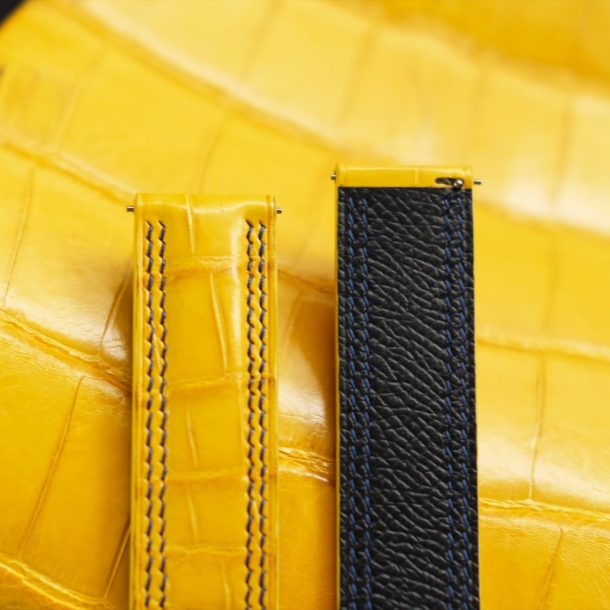 square padded yellow alligator leather lining navy epsom watch strap