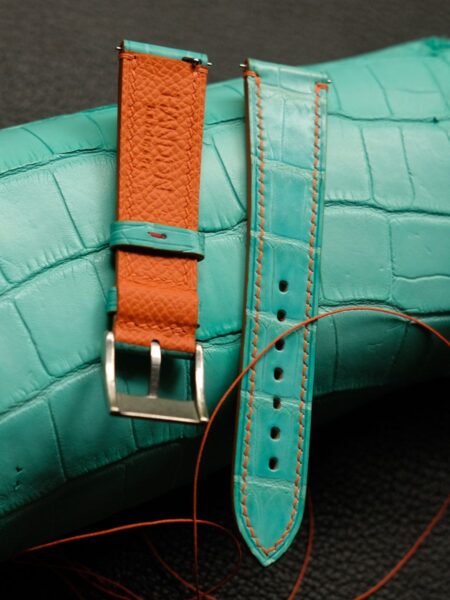 Turquoise Alligator Leather Lining Orange Epsom Watch Strap