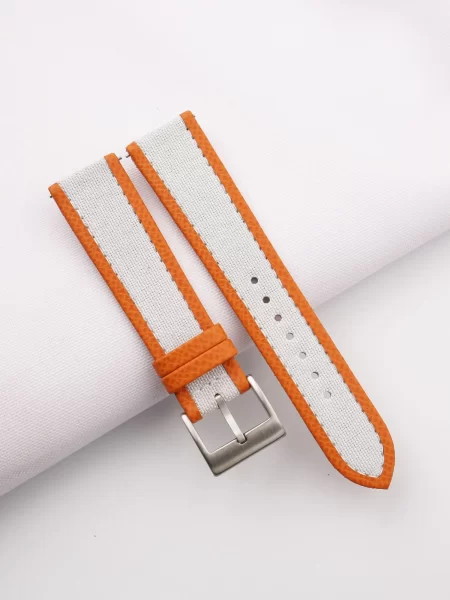 White Canvas Folded Edge Orange Epsom Watch Strap