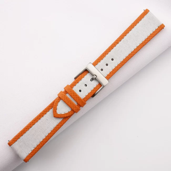 White Canvas Folded Edge Orange Epsom Watch Strap