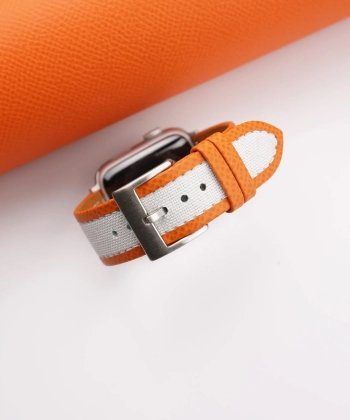 White Canvas Folded Edge Orange Epsom Apple Watch Band