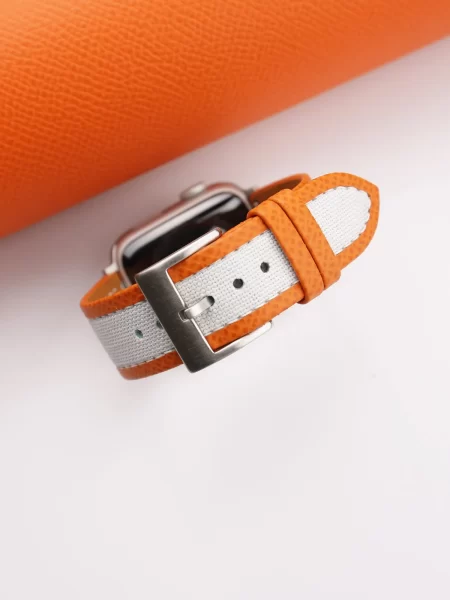 White Canvas Folded Edge Orange Epsom Apple Watch Band