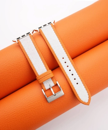 White Canvas Folded Edge Orange Epsom Apple Watch Band