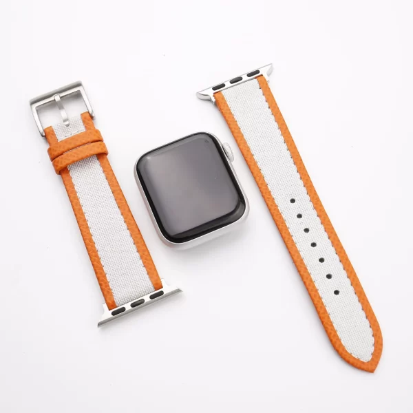 White Canvas Folded Edge Orange Epsom Apple Watch Band