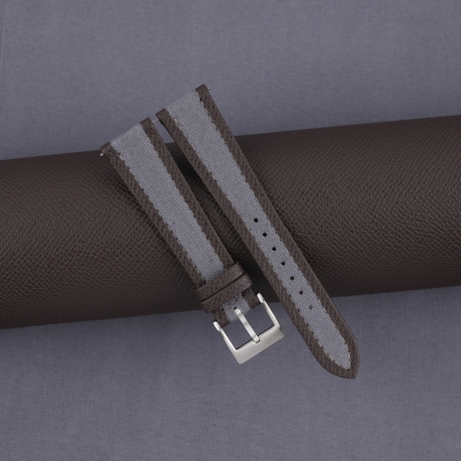 Grey Canvas Folded Edge Dark Brown Epsom Watch Strap