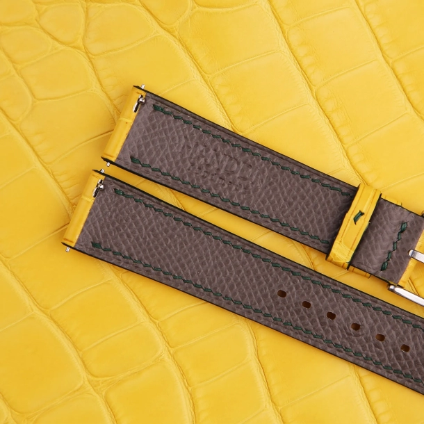 full padded yellow alligator leather lining brown epsom watch strap