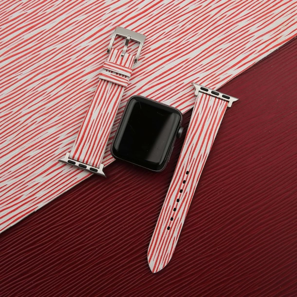 red white calfskin apple watch band – waves texture