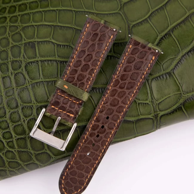 Padded Green Alligator Leather Lining Dark Brown Round Scales Watch Strap 3