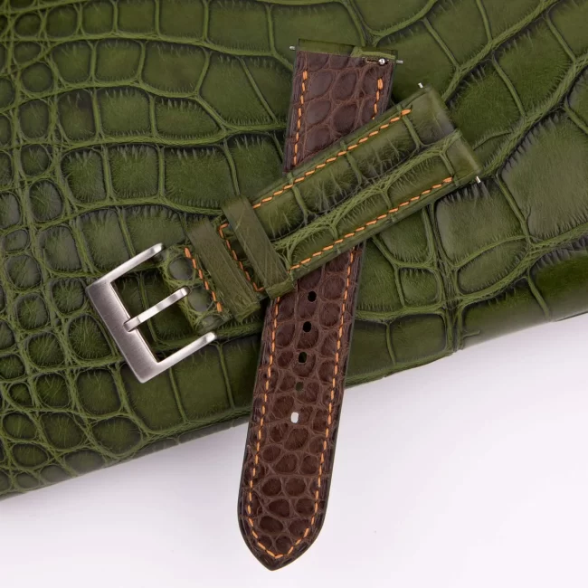 Padded Green Alligator Leather Lining Dark Brown Round Scales Watch Strap 4