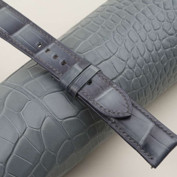 patina grey alligator leather folded edges watch strap