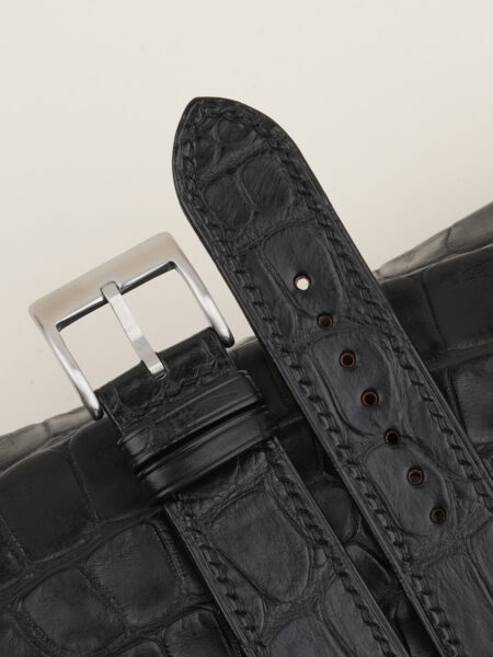 Black Alligator Leather Folded Edges Watch Strap