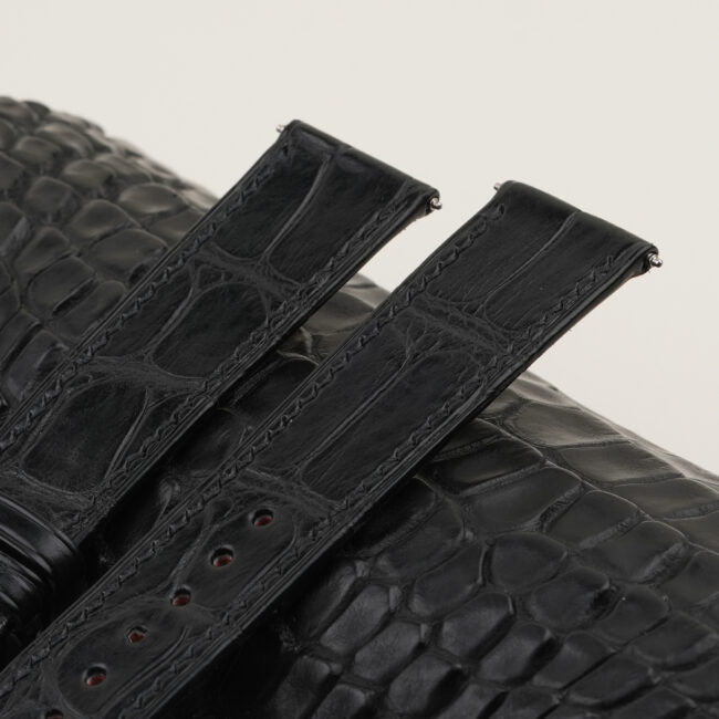 Black Alligator Leather Folded Edges Watch Strap