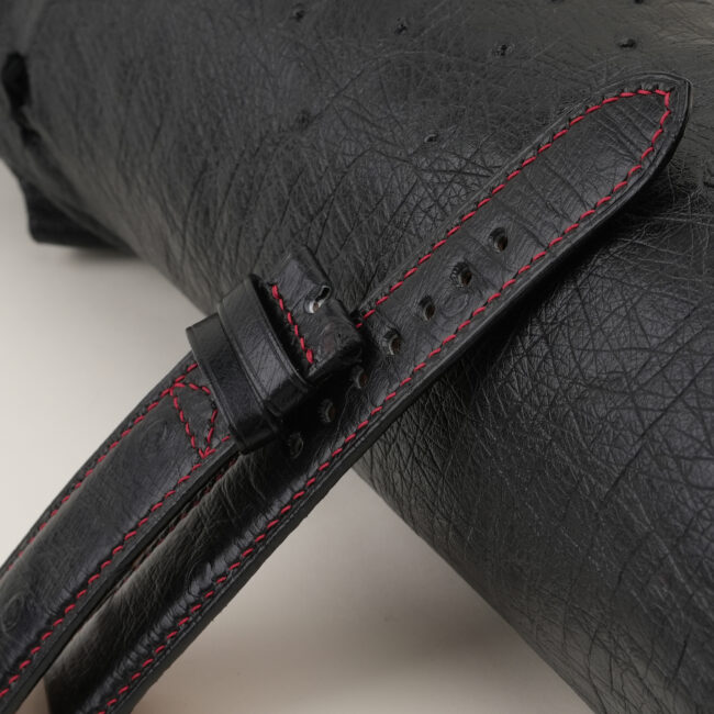 Black Ostrich Leather Folded Edges Watch Strap