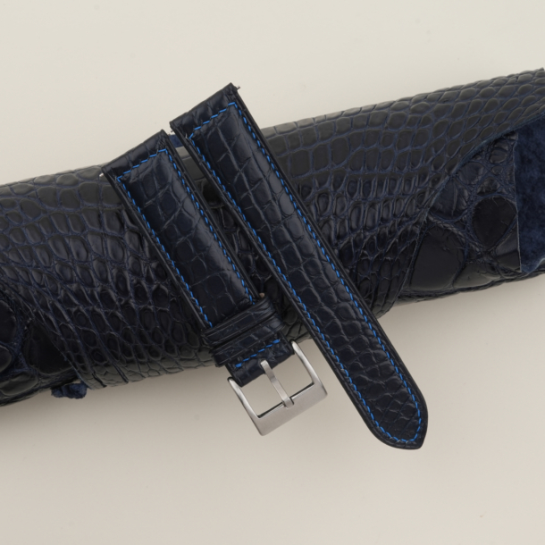 blue stitching midnight blue alligator round scales leather watch strap