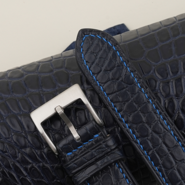 blue stitching midnight blue alligator round scales leather watch strap