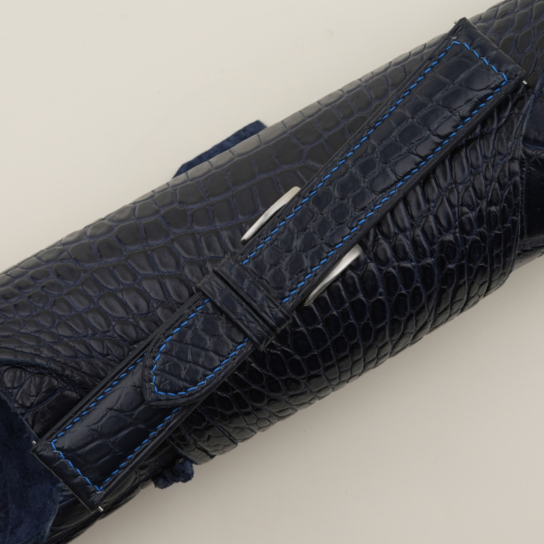 blue stitching midnight blue alligator round scales leather watch strap