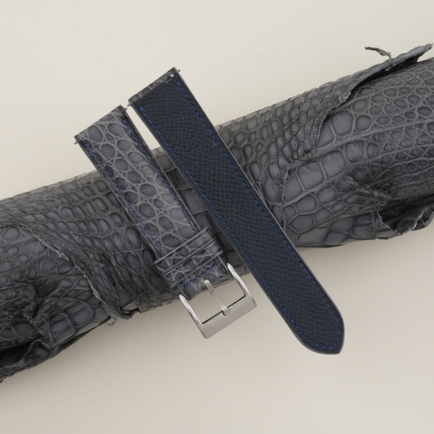 stone grey alligator round scales leather navy epsom lining watch strap