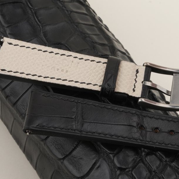 black alligator lining pearl white epsom leather watch strap