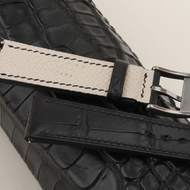 Black Alligator Lining Pearl White Epsom Leather Watch Strap