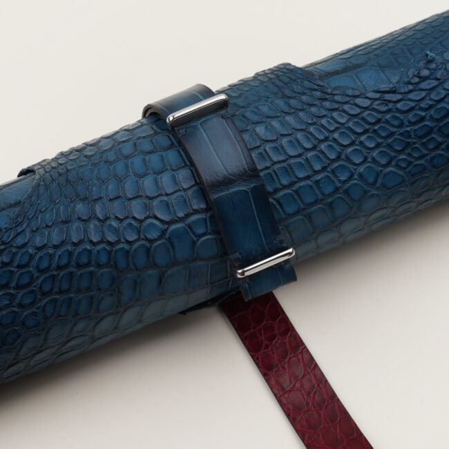 NATO Patina Blue Alligator Lining Bordeaux Alligator Round Scales Leather Watch Strap
