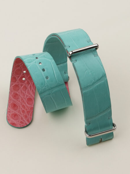 NATO Turquoise Alligator Lining Pink Alligator Round Scales Leather Watch Strap