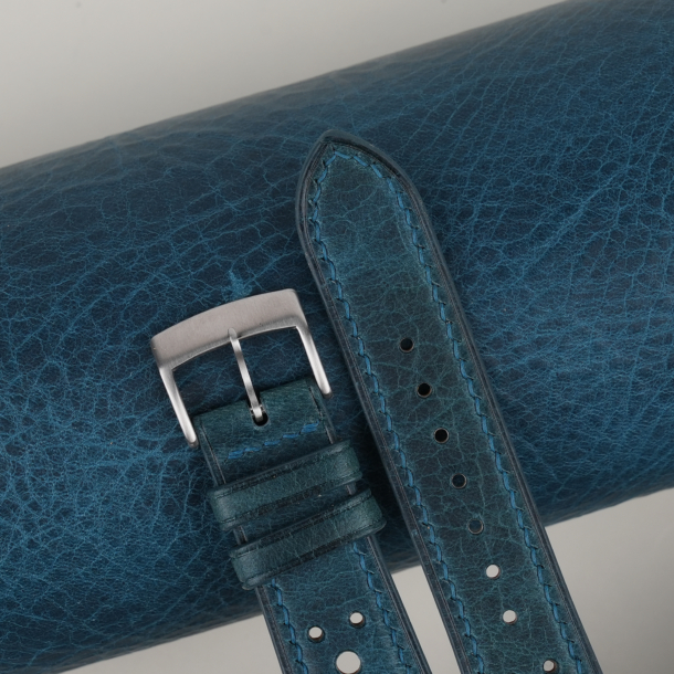 rally dark aqua blue waxed leather watch strap