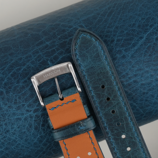 rally dark aqua blue waxed leather watch strap