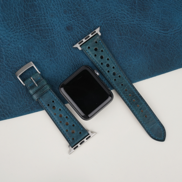 rally dark aqua blue waxed leather apple watch band