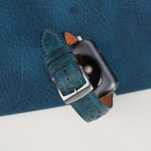 rally dark aqua blue waxed leather apple watch band