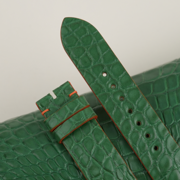 light green alligator lining orange epsom leather watch strap