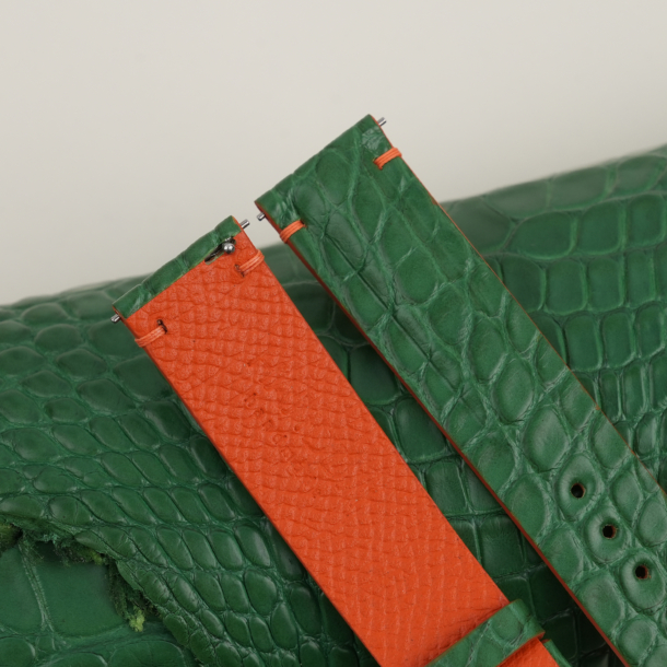 light green alligator lining orange epsom leather watch strap