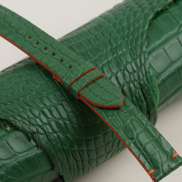 light green alligator lining orange epsom leather watch strap