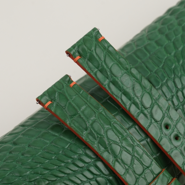 light green alligator lining orange epsom leather watch strap