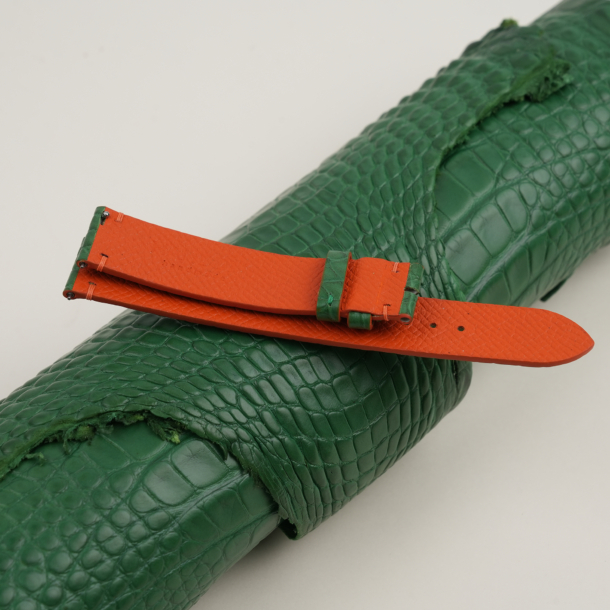 light green alligator lining orange epsom leather watch strap