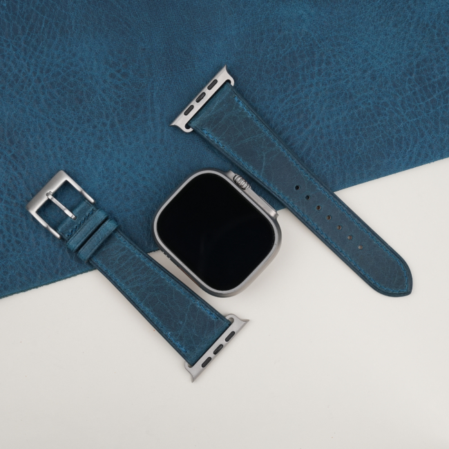 Dark Aqua Blue Waxed Badalassi Carlo Leather Apple Watch Ultra Band