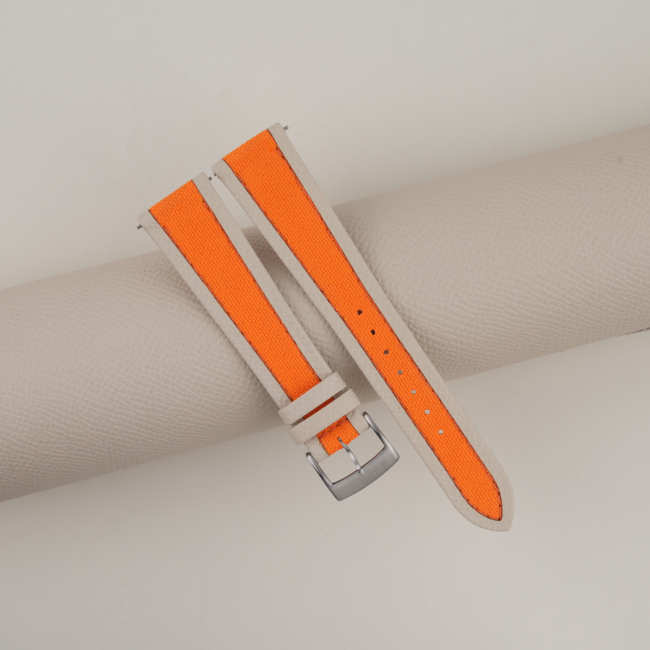 Orange Canvas Folded Edge Pearl White Epsom Watch Strap