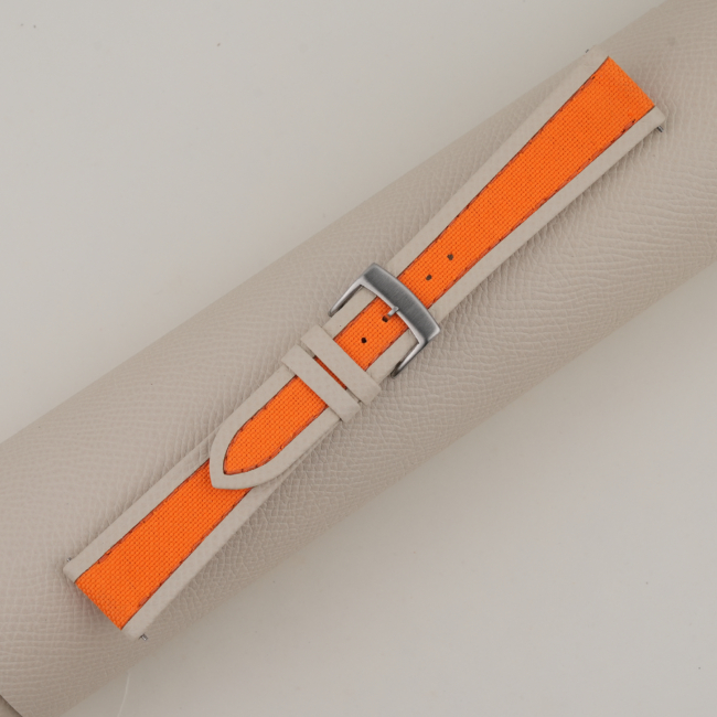 Orange Canvas Folded Edge Pearl White Epsom Watch Strap