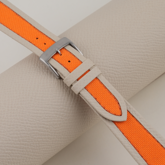 Orange Canvas Folded Edge Pearl White Epsom Watch Strap