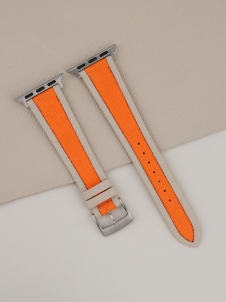 Orange Canvas Folded Edge Pearl White Epsom Apple Watch Band