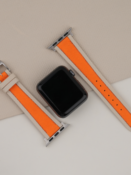 Orange Canvas Folded Edge Pearl White Epsom Apple Watch Band