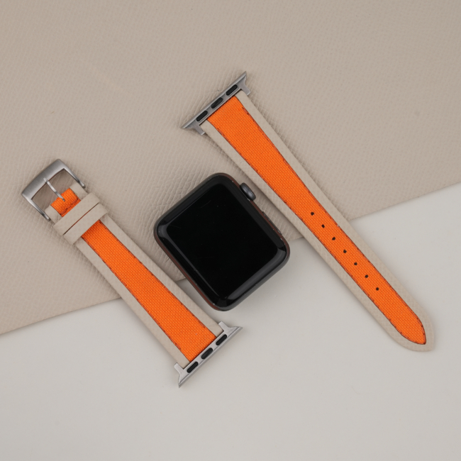 Orange Canvas Folded Edge Pearl White Epsom Apple Watch Band